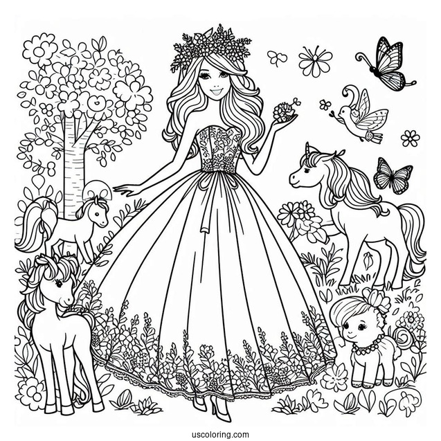 Barbie In Beautiful Dress And Animals