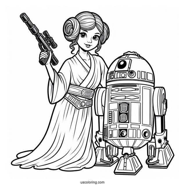 Princess Leia Holding Blaster And R2-D2 Coloring Page