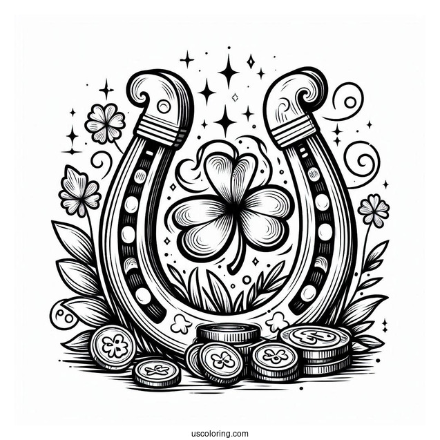 Lucky Horseshoe With Shamrocks And Coins To Color