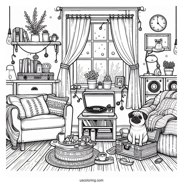 Cozy Home Scene with Pug Coloring Page and Vinyl Player