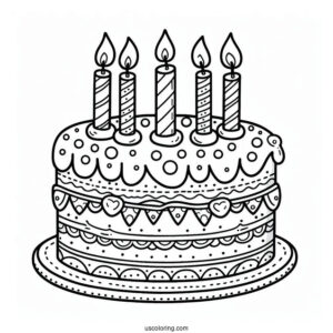 Cute Cartoon Birthday Cake With Candles On Top Coloring Sheet