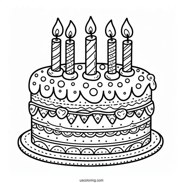Cute Cartoon Birthday Cake With Candles On Top Coloring Sheet