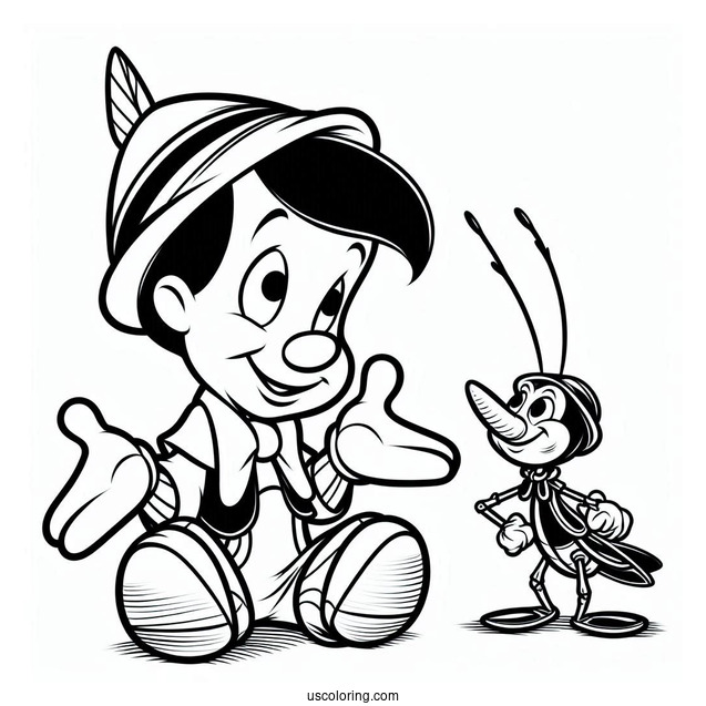 Pinocchio Coloring Page Talking To Jiminy Cricket On The Floor