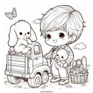 Precious Moments Coloring Page Of Boy With Toy Truck And Puppy