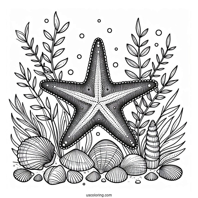 Starfish Coloring Page With Seashells And Seaweeds