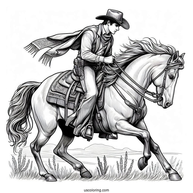 Realistic Cowboy Coloring Page On A Horse