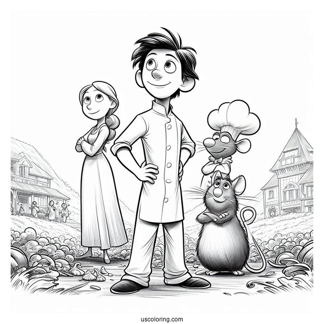 Ratatouille Coloring Page Standing On Alfredo s Head With Colette And Skinner In The Background