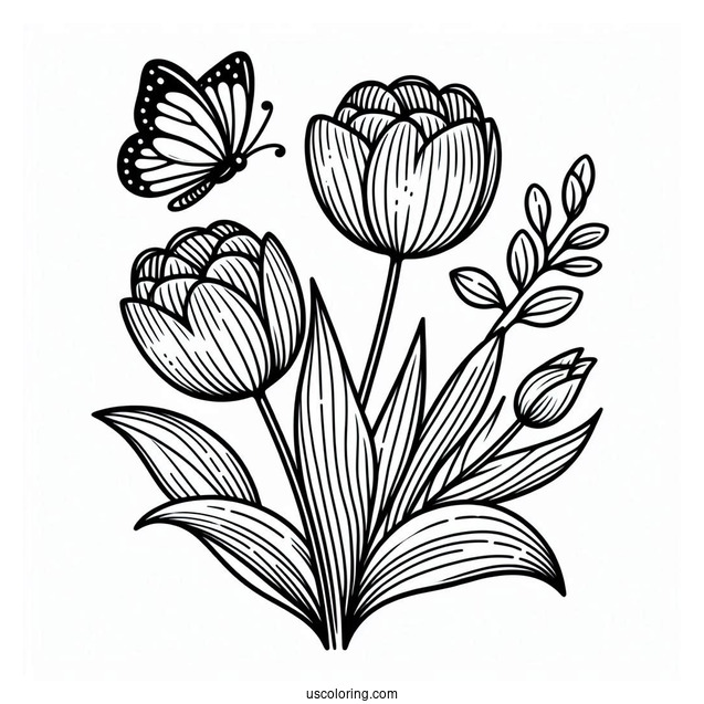 Flower Coloring Pages Of Three Tulips With Butterfly