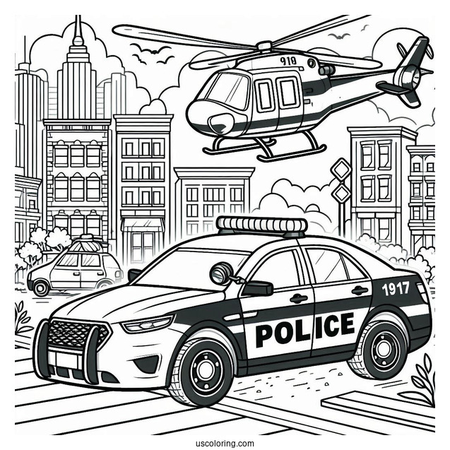 Police Car Coloring Page And Helicopter In The City