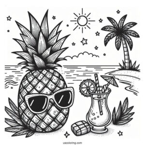 Chill Pineapple Coloring Page With Drink and Sunglasses
