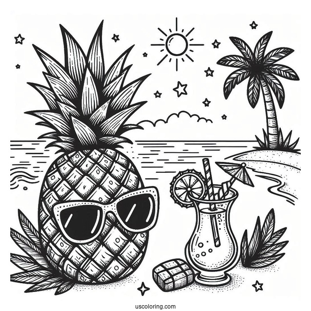 Chill Pineapple Coloring Page With Drink and Sunglasses