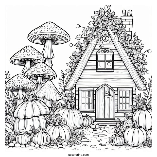 Tiny Houses And Pumpkins Growing On Top Of A Mushroom Coloring Page