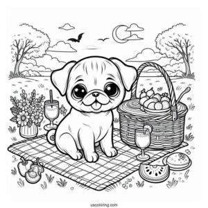 Peaceful Picnic with Pug Coloring Page Of Puppy