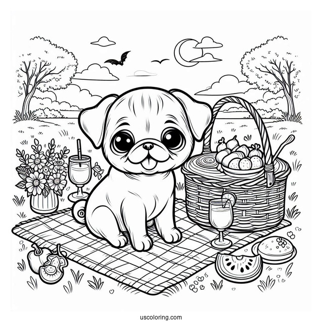 Peaceful Picnic with Pug Coloring Page Of Puppy