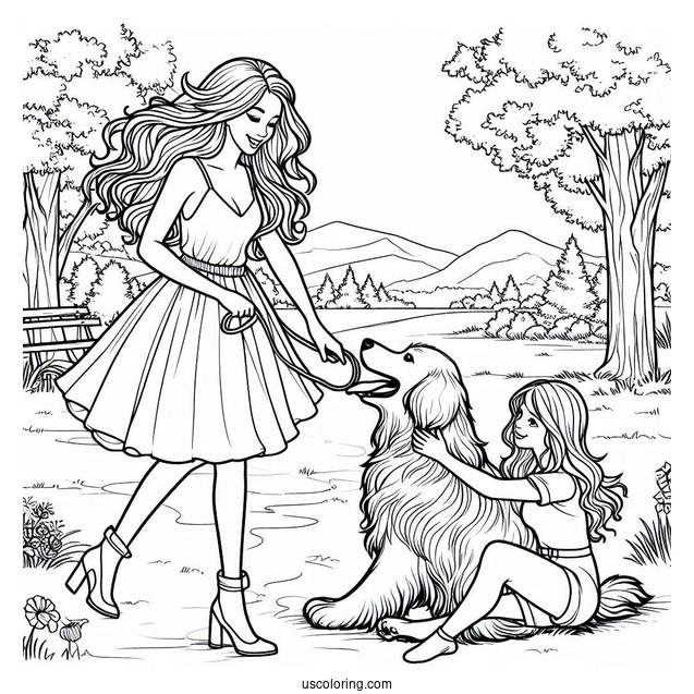 Woman Playing With Large Dog In Park Coloring Sheet