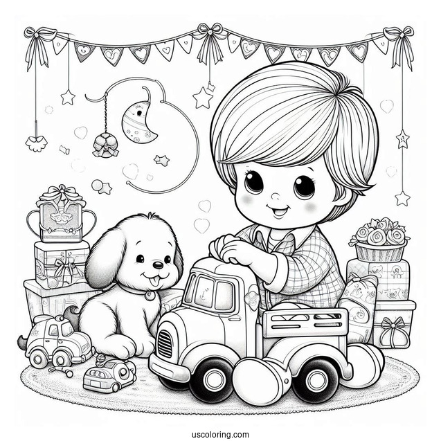 Precious Moments Coloring Page Of Boy With Toy Truck And Puppy