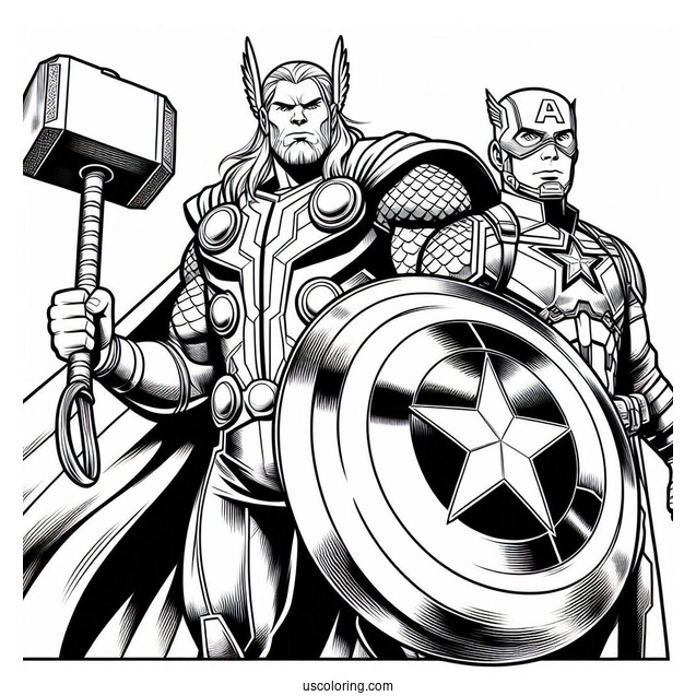 Coloring Page Of Captain America Holding Thors Hammer