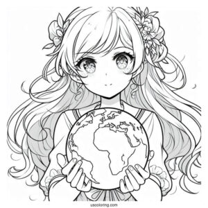 Beautiful Anime Girl Holding The Earth Coloring Page