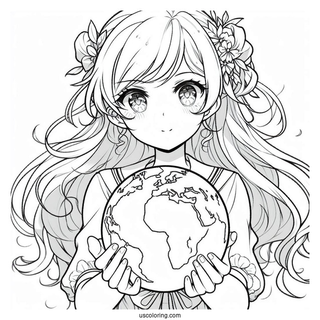 Beautiful Anime Girl Holding The Earth Coloring Page