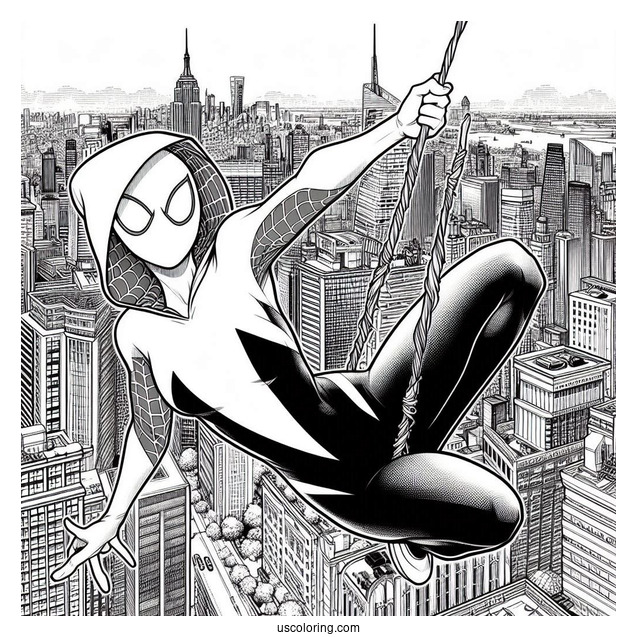 Realistic Spider-Gwen Coloring Page Swinging Across The City