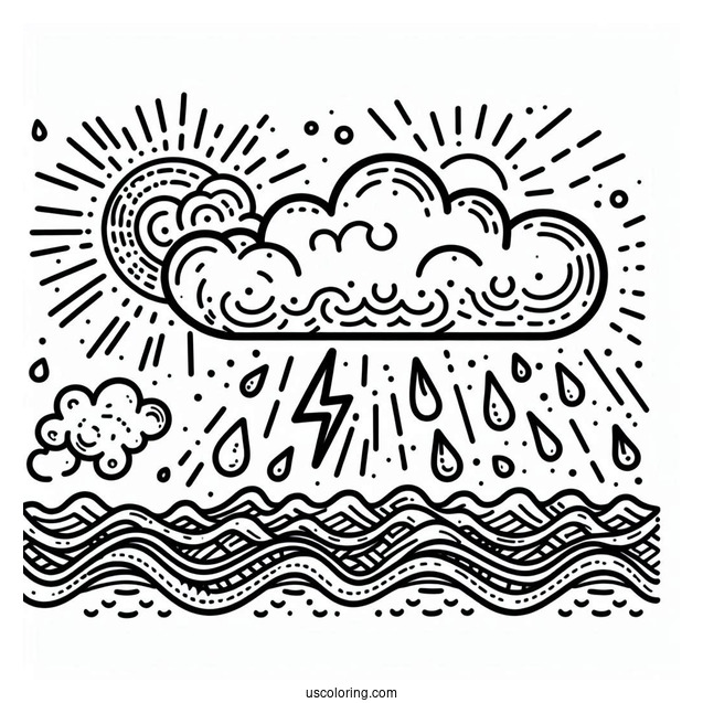 Simple Cloud with Rain Coloring Page And Thunder For Kids