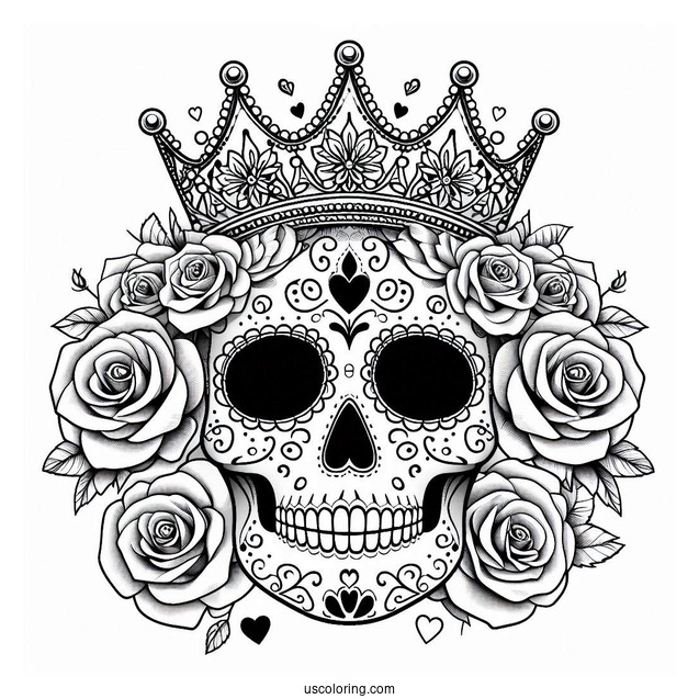 Realistic Sugar Skulls Coloring Page Costume With Tiara And Rose Wreath