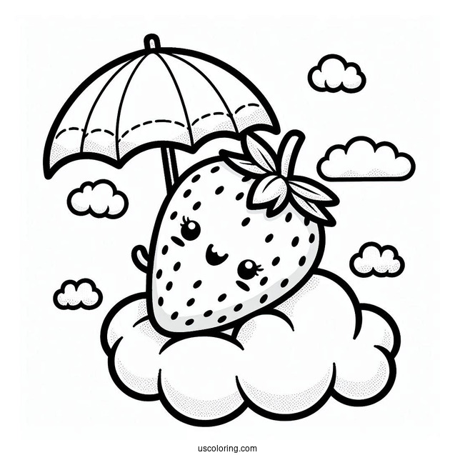 Kawaii Strawberry Coloring Page On The Cloud With An Umbrella For Kids