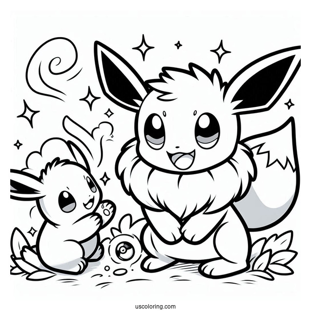 Coloring Page Of Little Eevee Playing With Gengar