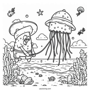 Patrik Catching Jellyfish Coloring Page For Kids