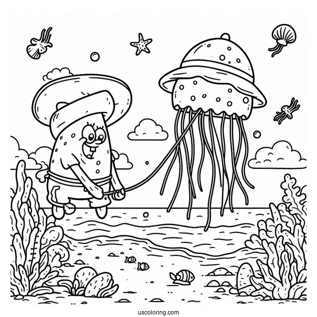 Patrik Catching Jellyfish Coloring Page For Kids