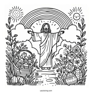 Easter Coloring Page Of He Is Risen With Rainbow For Kids