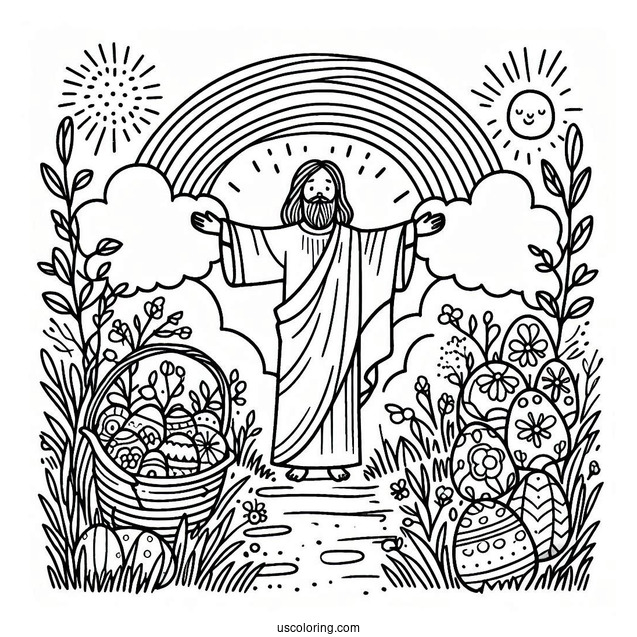 Easter Coloring Page Of He Is Risen With Rainbow For Kids