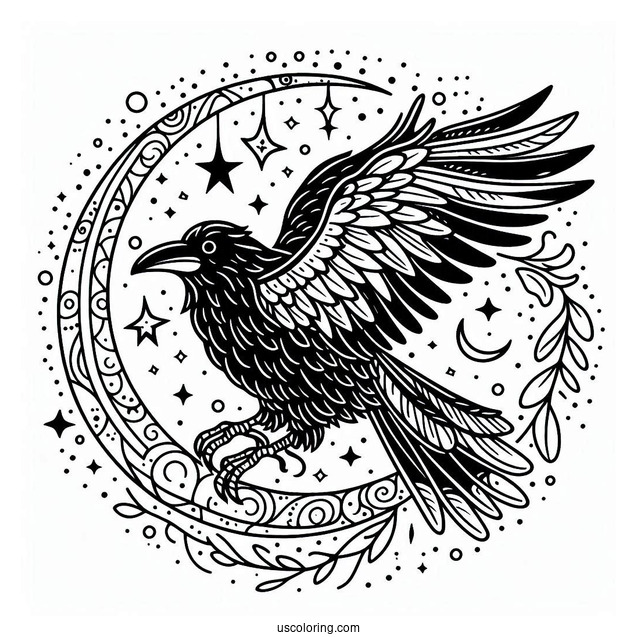 Magical Raven Coloring Page With Crescent Moon And Stars