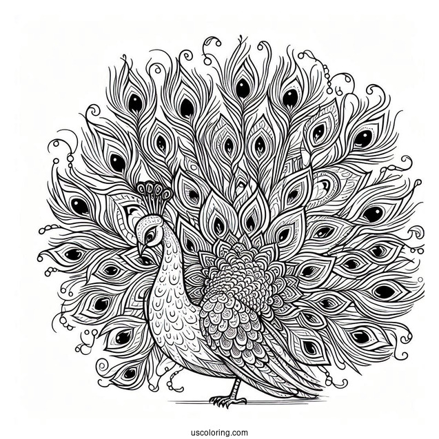 Full Page Peacock Coloring Page Close Up With Large Ornate Tail Feathers