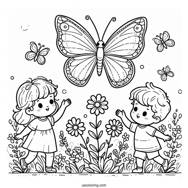 A Butterfly Hovering Over A Field Of Flowers With Two Children