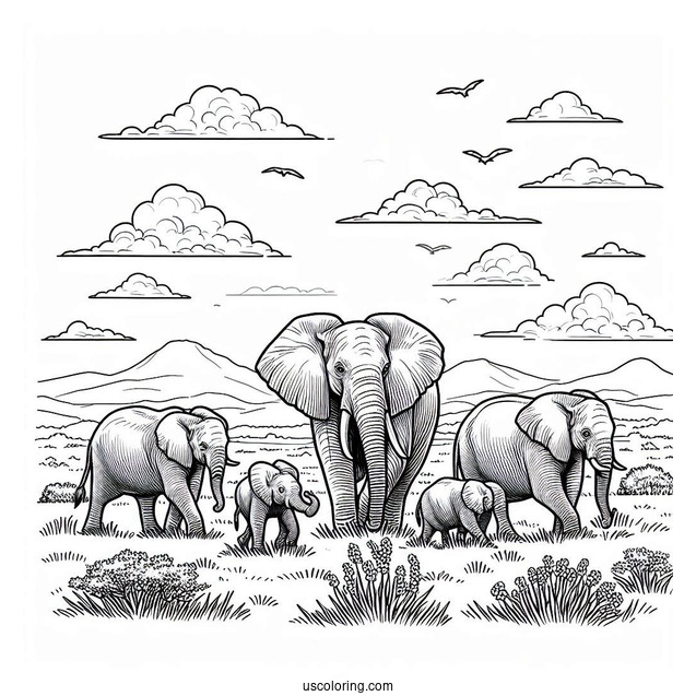Herd Of Elephants On The Plains Coloring