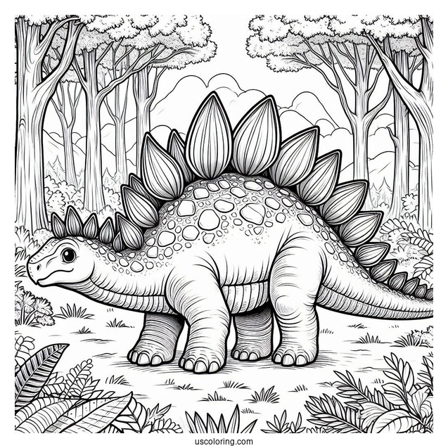 Realistic Stegosaurus Coloring Page In The Forest