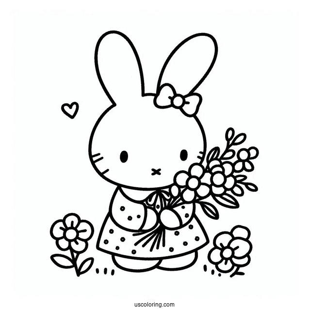 Easy Miffy Coloring Page Holding Flowers