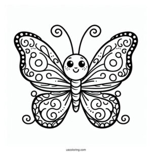 Smiling Cartoon Butterfly Coloring Page With Curly Antennae For Kids
