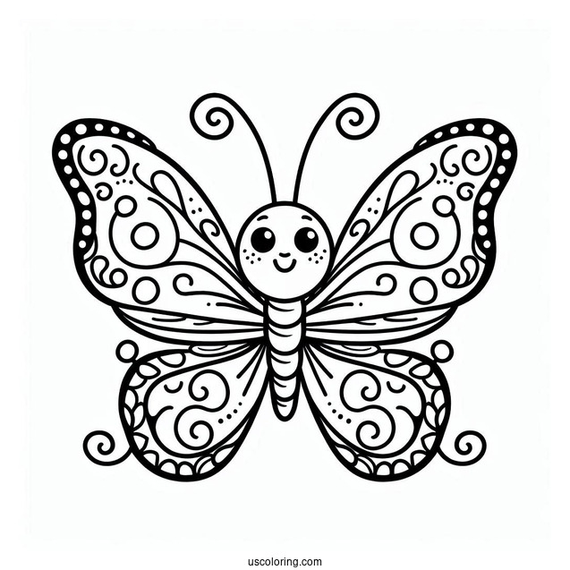 Smiling Cartoon Butterfly Coloring Page With Curly Antennae For Kids