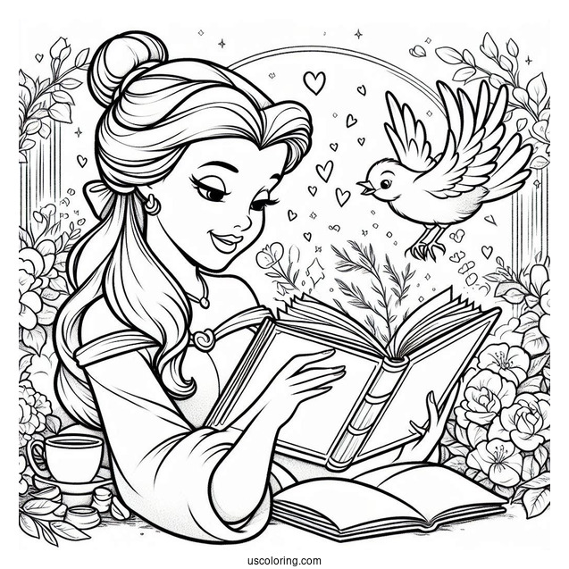 Coloring Sheet Of Belle Reading a Book With Bird