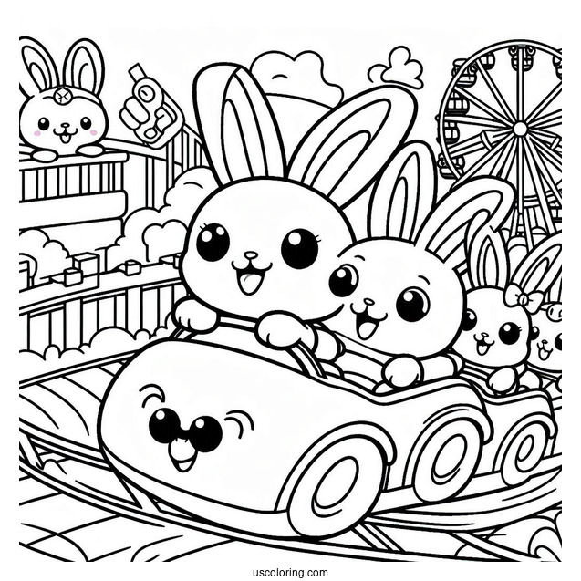 Sunny Bunnies Coloring Page Turbo, Shiny, Big Boo, Iris, And Hopper Riding Rollercoaster For Kids