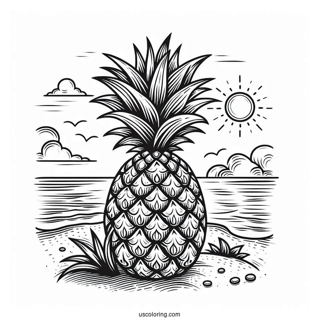 Detailed Pineapple On Beach Coloring Page
