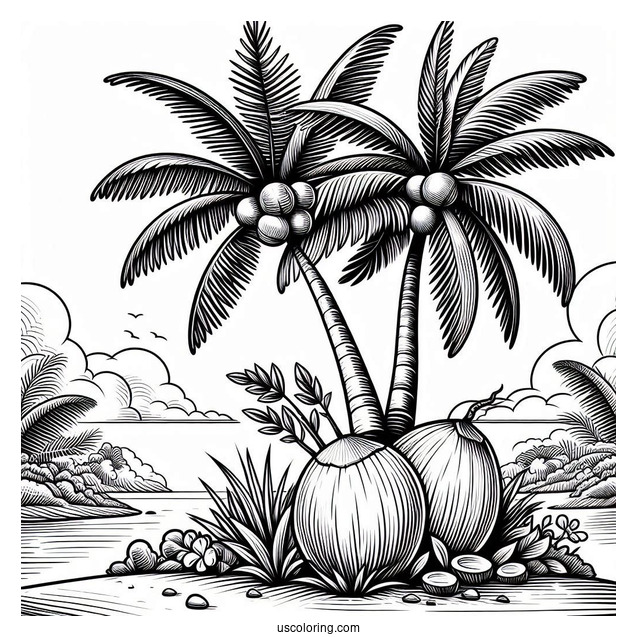 Two Large Coconut Coloring Page Trees On An Island