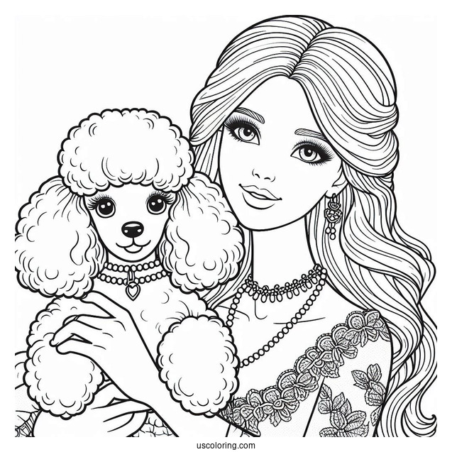 Barbie Holding Poodle Dog To Color