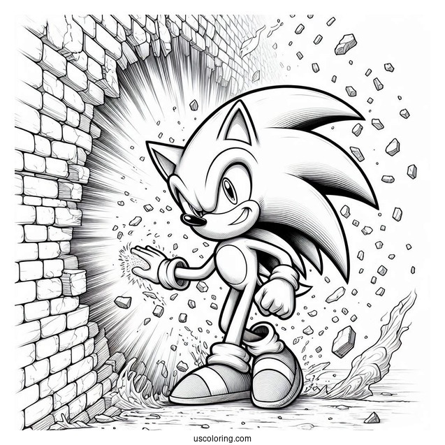 Realistic Super Sonic Coloring Page Breaking Through Wall