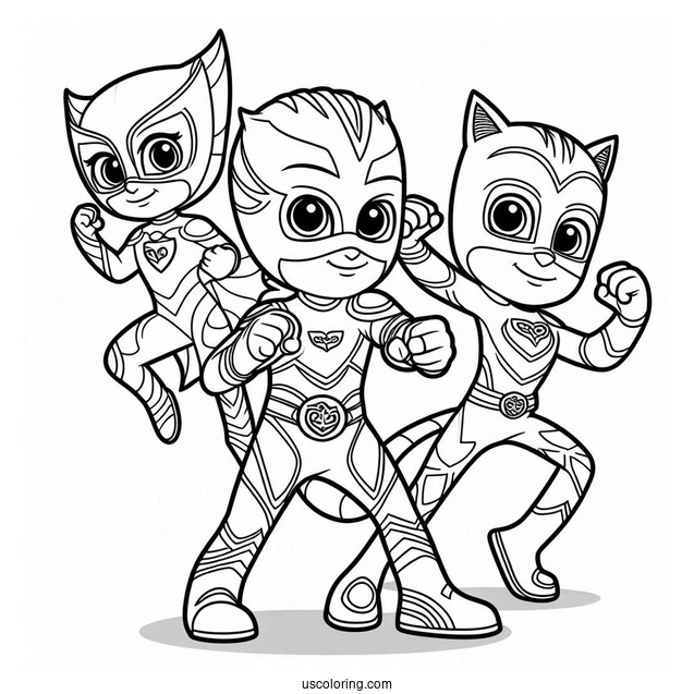PJ Masks Coloring Page Of Owlette, Catboy, And Gekko In Fighting Stance