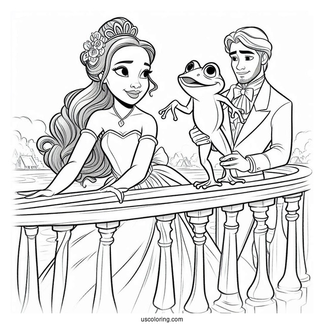 Tiana, Ray, And Frog Prince Naveen On Balcony Coloring In
