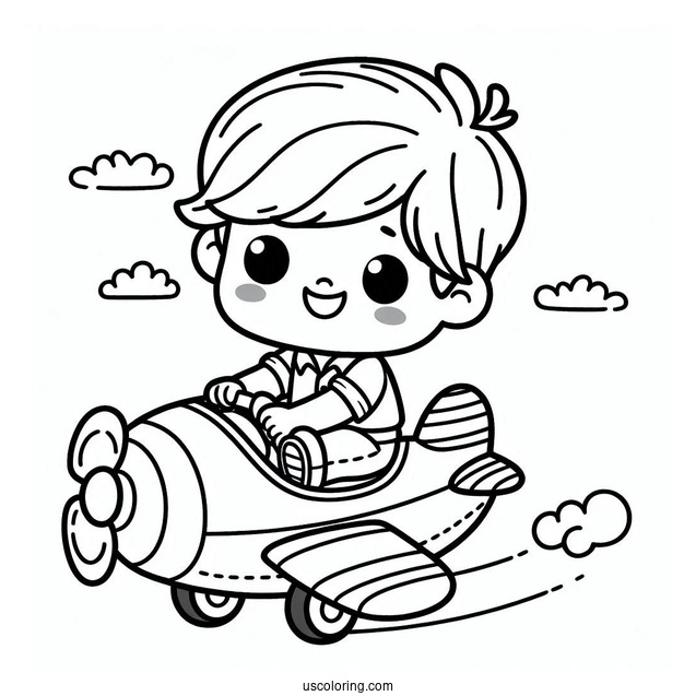 Cute Coloring Page Little Boy Riding An Airplane