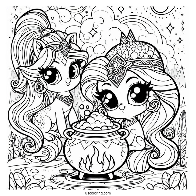 Shimmer And Shine Coloring Page With Smoking Cauldron At The Back With Zeta And Nazboo
